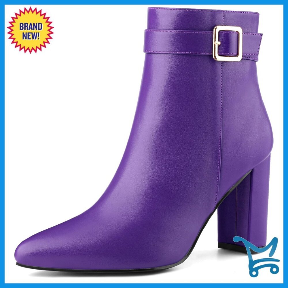 Pointed Toe Ankle Booties with Buckle Decor and Block Heel
